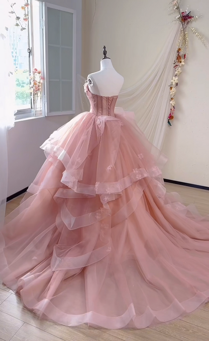 Gorgeous Strapless Ball Gown Tulle Applique Long Prom Dresses Pink Quinceanera Dress Sleeveless Sweet 16 Dresses DP3275