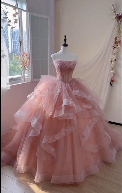 Gorgeous Strapless Ball Gown Tulle Applique Long Prom Dresses Pink Quinceanera Dress Sleeveless Sweet 16 Dresses DP3275
