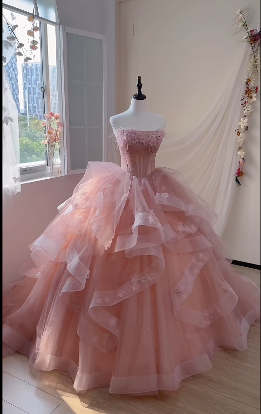 Gorgeous Strapless Ball Gown Tulle Applique Long Prom Dresses Pink Quinceanera Dress Sleeveless Sweet 16 Dresses DP3275