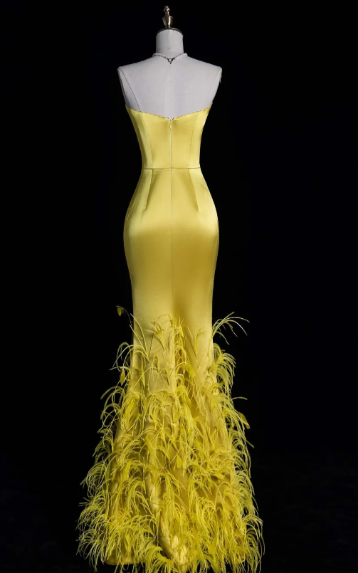 Elegant Sweetheart Mermaid Long Prom Dresses Satin Yellow Formal Dresses Sleeveless Evening Dresses DP3276