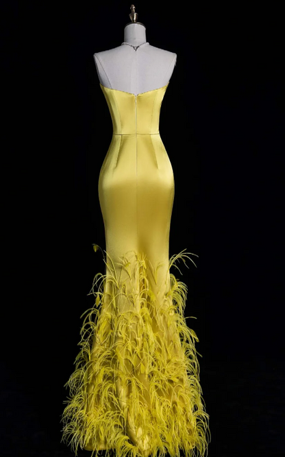 Elegant Sweetheart Mermaid Long Prom Dresses Satin Yellow Formal Dresses Sleeveless Evening Dresses DP3276