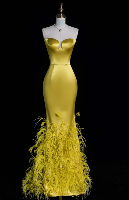 Elegant Sweetheart Mermaid Long Prom Dresses Satin Yellow Formal Dresses Sleeveless Evening Dresses DP3276