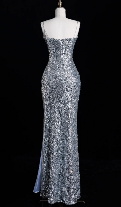 Elegant Spaghetti Straps Mermaid Long Prom Dresses Silver Sequin Formal Dresses Sleeveless Evening Dresses DP3277