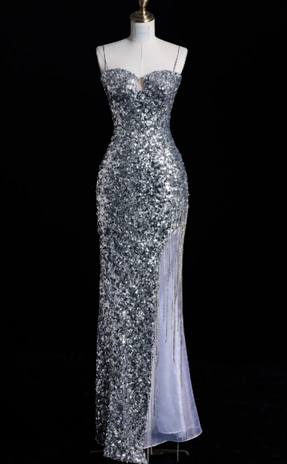 Elegant Spaghetti Straps Mermaid Long Prom Dresses Silver Sequin Formal Dresses Sleeveless Evening Dresses DP3277
