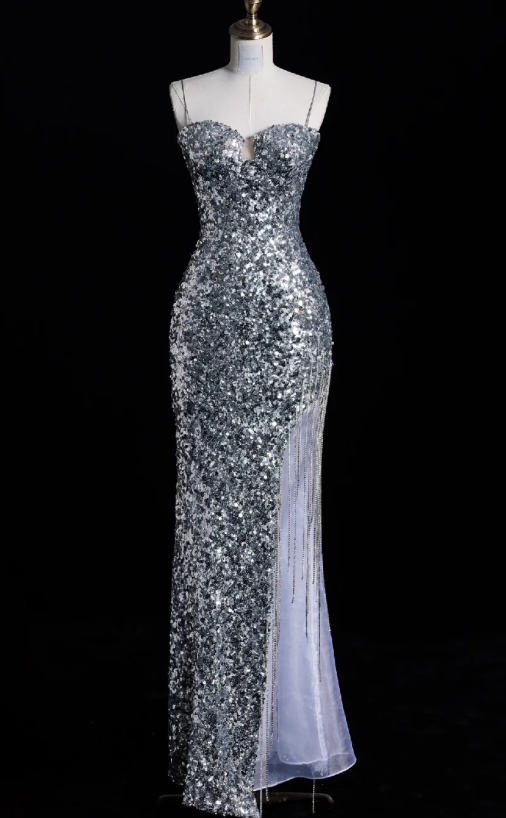 Elegant Spaghetti Straps Mermaid Long Prom Dresses Silver Sequin Formal Dresses Sleeveless Evening Dresses DP3277