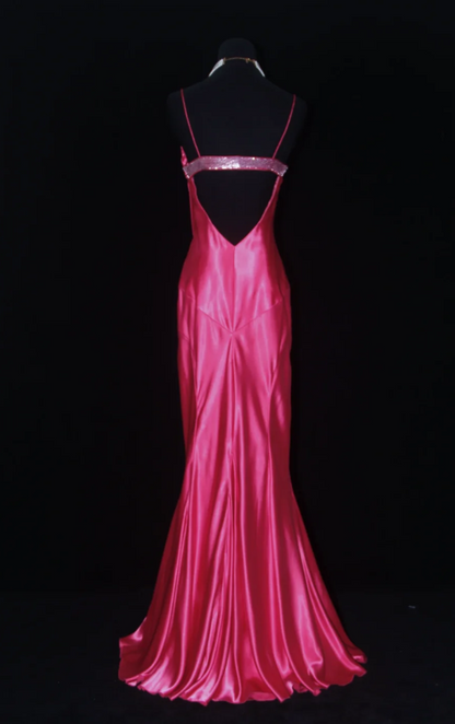 Elegant Spaghetti Strap Sheath Long Prom Dresses Satin Hot Pink Formal Dresses Sleeveless Evening Dresses DP3279