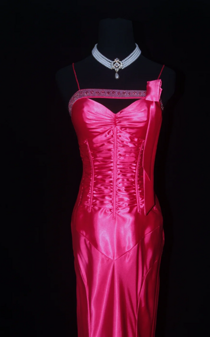 Elegant Spaghetti Strap Sheath Long Prom Dresses Satin Hot Pink Formal Dresses Sleeveless Evening Dresses DP3279