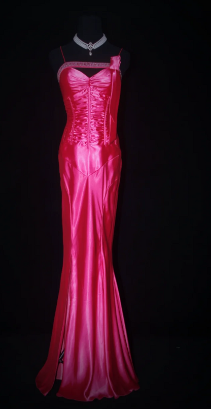 Elegant Spaghetti Strap Sheath Long Prom Dresses Satin Hot Pink Formal Dresses Sleeveless Evening Dresses DP3279