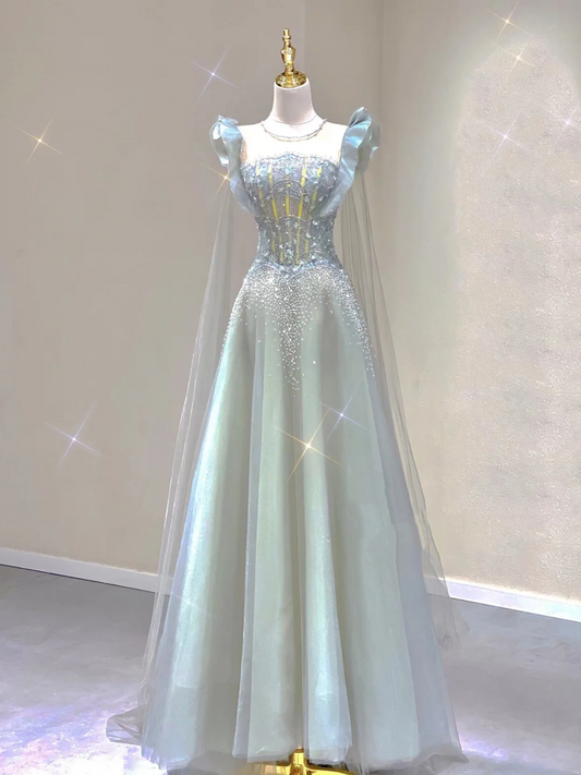 Pretty A Line Scoop Sleeveless Long Beads Tulle Prom Dresses Evening Dresses DP327