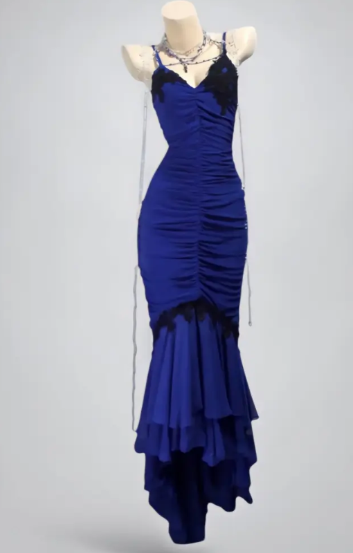 Elegant Spaghetti Strap Mermaid Long Prom Dresses Chiffon Blue Formal Dresses Sleeveless Evening Dresses DP3280