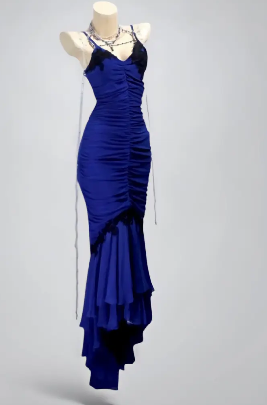 Elegant Spaghetti Strap Mermaid Long Prom Dresses Chiffon Blue Formal Dresses Sleeveless Evening Dresses DP3280