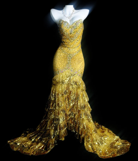 Elegant Sweetheart Mermaid Long Prom Dresses Tulle Sequin Yellow Evening Dresses DP3283