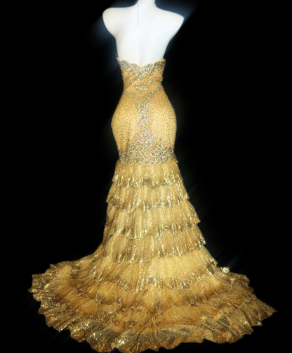 Elegant Sweetheart Mermaid Long Prom Dresses Tulle Sequin Yellow Evening Dresses DP3283