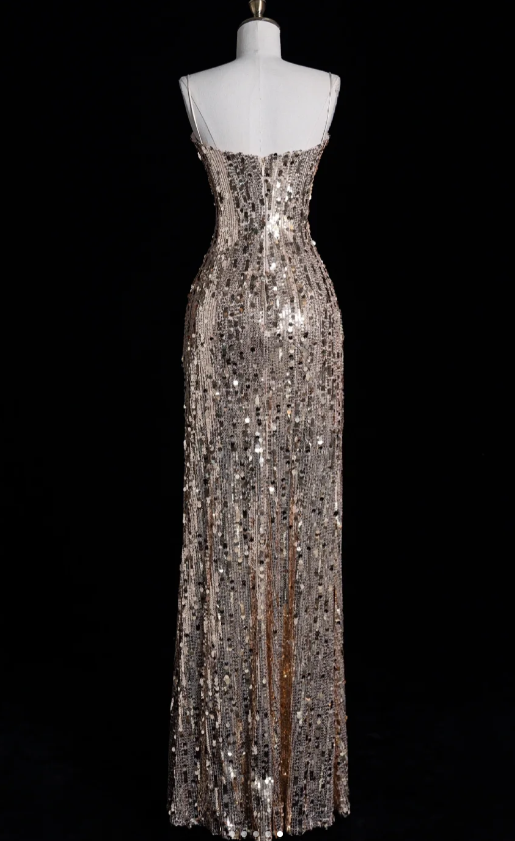 Elegant Spaghetti Strap Sheath Long Prom Dresses Sequins Champagne Evening Dresses DP3284