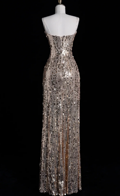 Elegant Spaghetti Strap Sheath Long Prom Dresses Sequins Champagne Evening Dresses DP3284