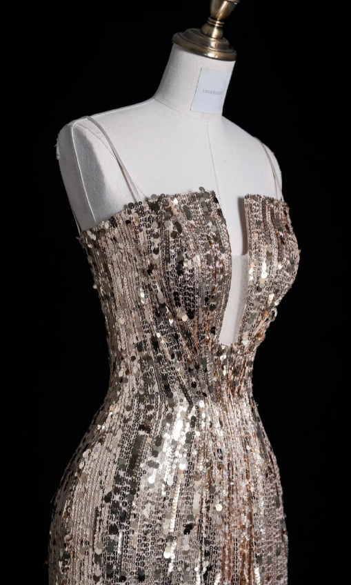 Elegant Spaghetti Strap Sheath Long Prom Dresses Sequins Champagne Evening Dresses DP3284