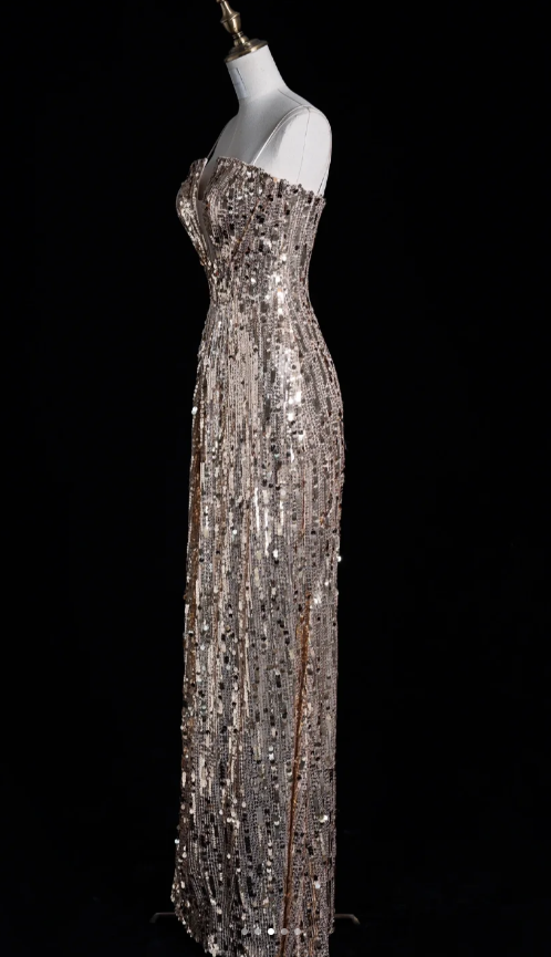 Elegant Spaghetti Strap Sheath Long Prom Dresses Sequins Champagne Evening Dresses DP3284