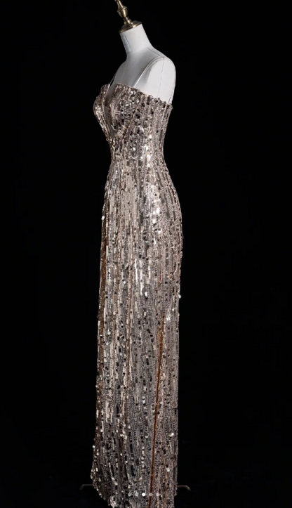Elegant Spaghetti Strap Sheath Long Prom Dresses Sequins Champagne Evening Dresses DP3284