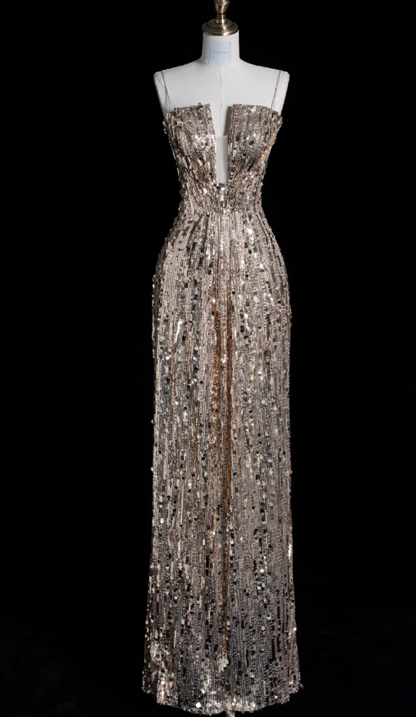 Elegant Spaghetti Strap Sheath Long Prom Dresses Sequins Champagne Evening Dresses DP3284