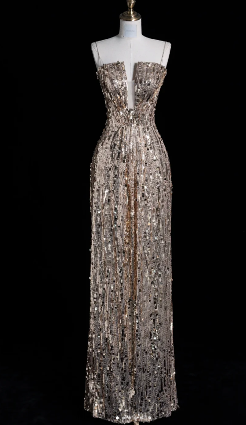 Elegant Spaghetti Strap Sheath Long Prom Dresses Sequins Champagne Evening Dresses DP3284