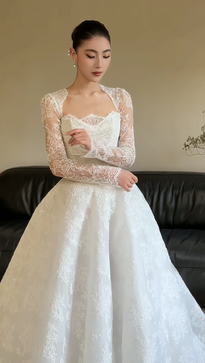 Simple A-Line Wedding Dresses with Appliques White Lace Bridal Gowns Long Sleeve Bridal Dresses DP3286