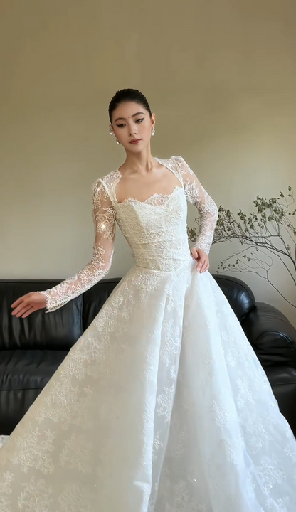 Simple A-Line Wedding Dresses with Appliques White Lace Bridal Gowns Long Sleeve Bridal Dresses DP3286