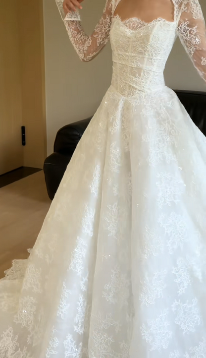 Simple A-Line Wedding Dresses with Appliques White Lace Bridal Gowns Long Sleeve Bridal Dresses DP3286