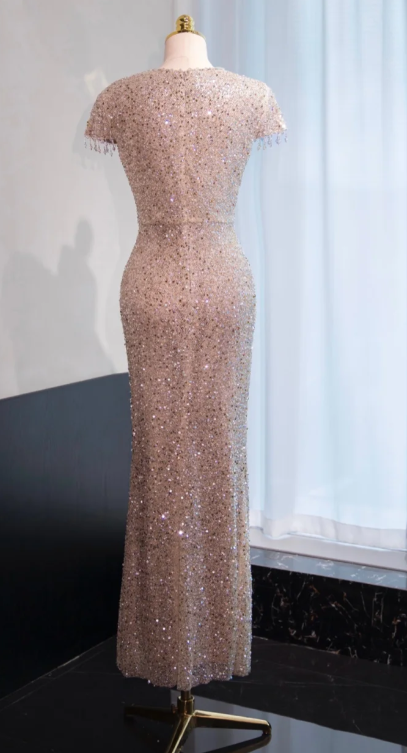 Elegant Sheath Evening Dress Sequins Champagne Gold Mother of the Bride Dresses Short Sleeves Guest Dresses DP3288