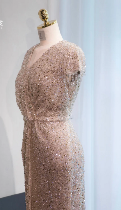 Elegant Sheath Evening Dress Sequins Champagne Gold Mother of the Bride Dresses Short Sleeves Guest Dresses DP3288