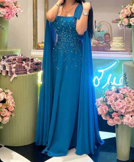 Glam Sheath Evening Dresses Blue Formal Dresses Chiffon Rhinestone Square Neck Guest Dresses DP3290
