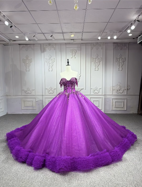 Gorgeous Off-the-Shoulder Ball Gown Tulle Long Prom Dresses Beaded Purple Quinceanera Dresses Sweet 16 Dress DP3292