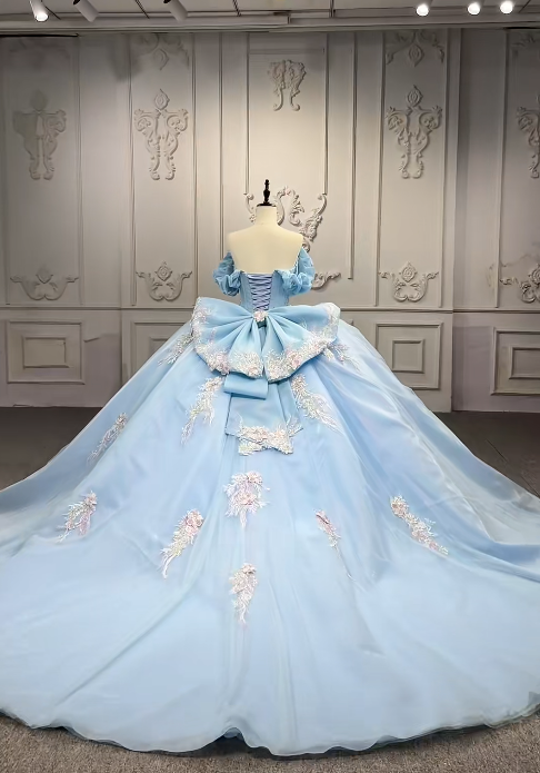 Gorgeous Off-the-shoulder Ball Gown Tulle Long Prom Dresses Applique Blue Quinceanera Dresses Sweet 16 Dress DP3293