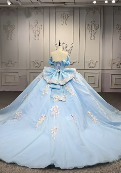 Gorgeous Off-the-shoulder Ball Gown Tulle Long Prom Dresses Applique Blue Quinceanera Dresses Sweet 16 Dress DP3293