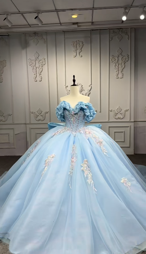 Gorgeous Off-the-shoulder Ball Gown Tulle Long Prom Dresses Applique Blue Quinceanera Dresses Sweet 16 Dress DP3293