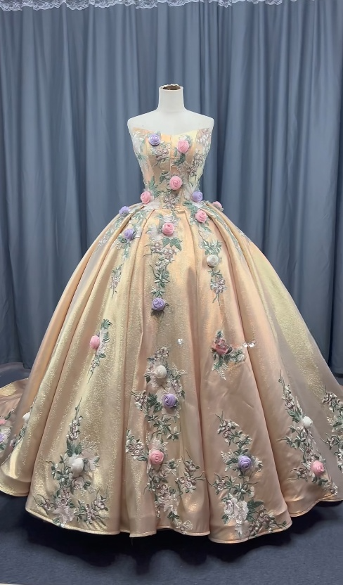 Gorgeous Strapless Ball Gown Satin Long Prom Dresses Applique Gold Quinceanera Dresses Sweet 16 Dress DP3294
