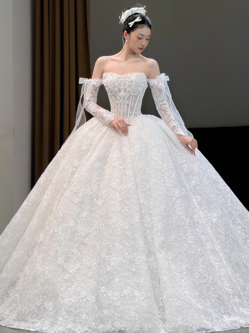 Modest Strapless A-Line Wedding Dresses Lace Beaded Applique White Bridal Gowns Sleeveless Bridal Dresses DP3297