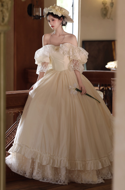 French Off-the-shoulder A-Line Wedding Dresses Lace Champagne Bridal Gowns DP3298