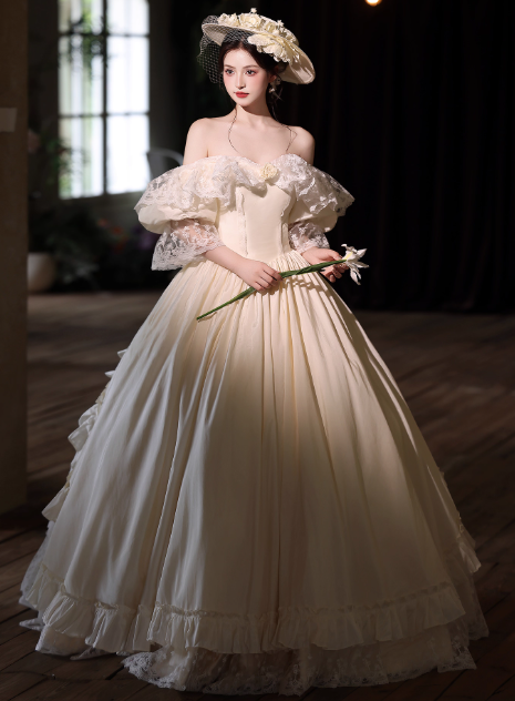 French Off-the-shoulder A-Line Wedding Dresses Lace Champagne Bridal Gowns DP3298