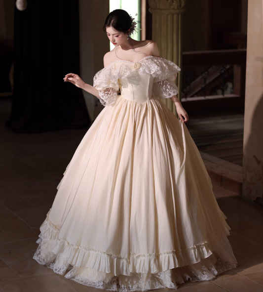 French Off-the-shoulder A-Line Wedding Dresses Lace Champagne Bridal Gowns DP3298