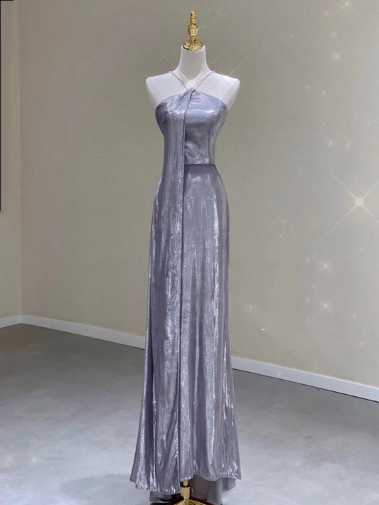 Pretty Sheath Halter Sleeveless Long Silver Gray Sequin Prom Dresses Evening Dresses DP329