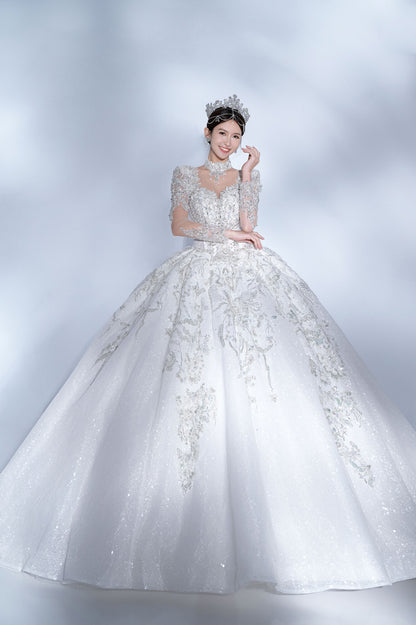 Elegant Sweetheart Neck Ball Gown Trailing Wedding Dresses Tulle Beaded White Bridal Gowns DP3300