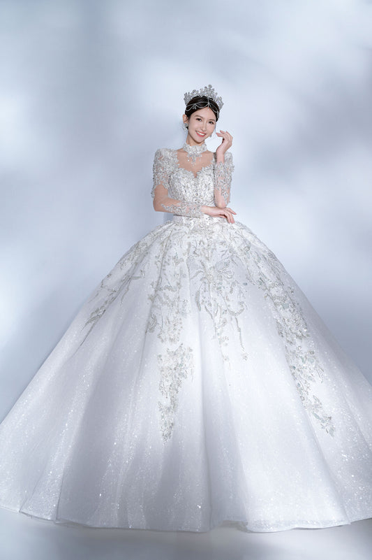 Elegant Sweetheart Neck Ball Gown Trailing Wedding Dresses Tulle Beaded White Bridal Gowns DP3300