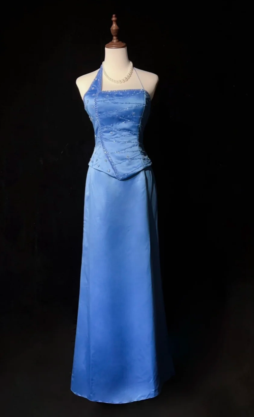 Vintage Asymmetric Neck Sheath Long Evening Dresses Satin Blue Guest Dress DP3303