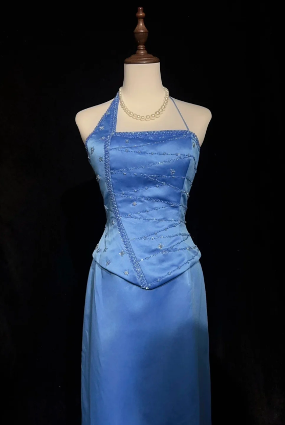 Vintage Asymmetric Neck Sheath Long Evening Dresses Satin Blue Guest Dress DP3303