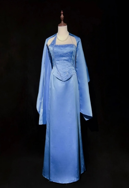 Vintage Asymmetric Neck Sheath Long Evening Dresses Satin Blue Guest Dress DP3303