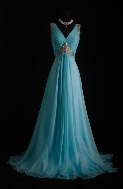 Vintage V-neck A-Line Long Evening Dresses Chiffon Turquoise Prom Dresses DP3304