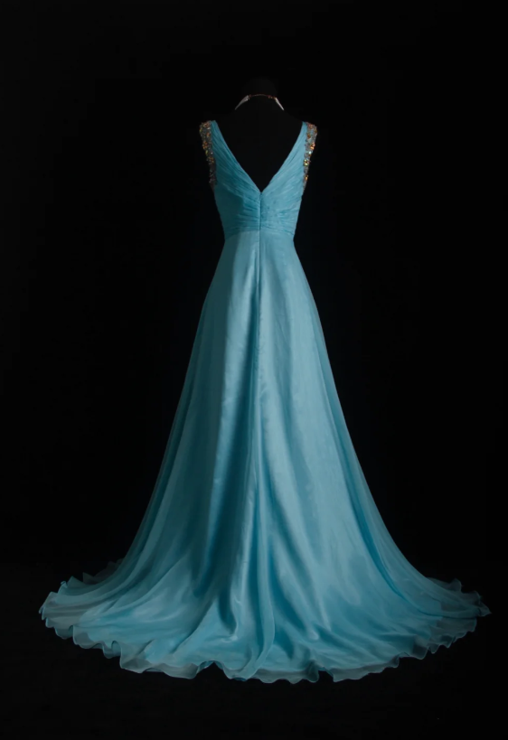 Vintage V-neck A-Line Long Evening Dresses Chiffon Turquoise Prom Dresses DP3304