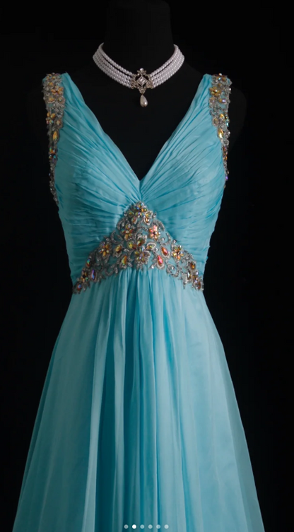 Vintage V-neck A-Line Long Evening Dresses Chiffon Turquoise Prom Dresses DP3304