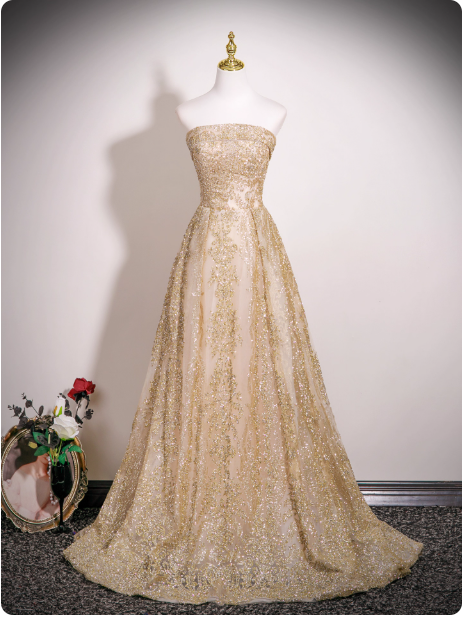 Gorgeous Strapless A-Line Long Evening Dresses Tulle Gold Prom Dresses DP3305