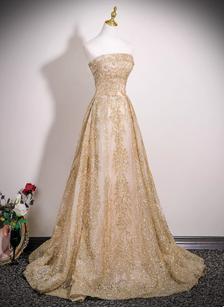 Gorgeous Strapless A-Line Long Evening Dresses Tulle Gold Prom Dresses DP3305
